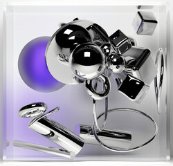 3d render with abstract art, with surreal geometry, soft figures as spheres, boxes, rings, cubes, tubes in silver metal material, glass, and aluminium on a light grey background