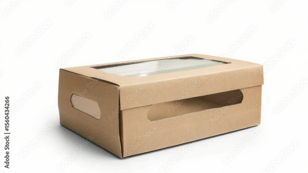 Poster a cardboard box with a window on a white surface, perfect for packaging or decoration