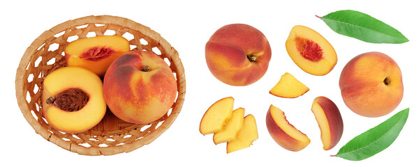 Ripe peach fruit with half in a wicker basket isolated on white background with full depth of...
