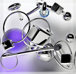 3d render with abstract art, with surreal geometry, soft figures as spheres, boxes, rings, cubes, tubes in silver metal material, glass, and aluminium on a light grey background