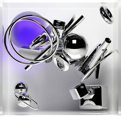 3d render with abstract art, with surreal geometry, soft figures as spheres, boxes, rings, cubes, tubes in silver metal material, glass, and aluminium on a light grey background