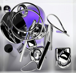 3d render with abstract art, with surreal geometry, soft figures as spheres, boxes, rings, cubes, tubes in silver metal material, glass, and aluminium on a light grey background