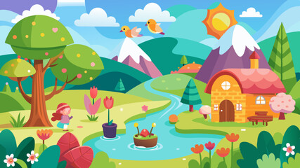 Charming cartoon landscape with a cozy house a winding river colorful flowers and a girl enjoying nature