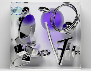 3d render with abstract art, with surreal geometry, soft figures as spheres, boxes, rings, cubes, tubes in silver metal material, glass, and aluminium on a light grey background