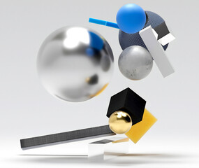 3d render of abstract art with surreal big and small geometry figures as sphere, ball, square boxes, flying in a random way inside a big invisible cube on a light grey background