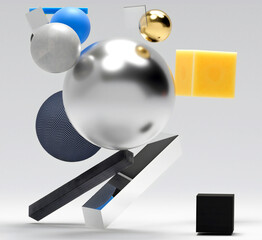 3d render of abstract art with surreal big and small geometry figures as sphere, ball, square boxes, flying in a random way inside a big invisible cube on a light grey background