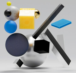 3d render of abstract art with surreal big and small geometry figures as sphere, ball, square boxes, flying in a random way inside a big invisible cube on a light grey background