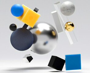 3d render of abstract art with surreal big and small geometry figures as sphere, ball, square boxes, flying in a random way inside a big invisible cube on a light grey background