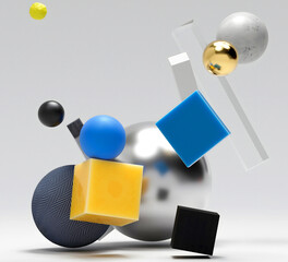 3d render of abstract art with surreal big and small geometry figures as sphere, ball, square boxes, flying in a random way inside a big invisible cube on a light grey background