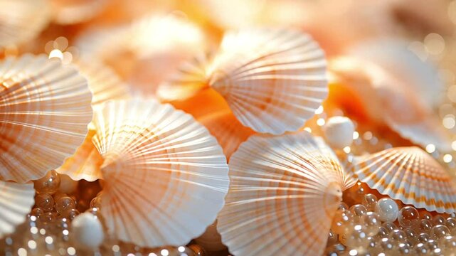 Seashell And Pearl Composition With Golden Light On Sparkling Beach Sand In Summer Morning. Concept Of Ocean-Inspired Luxury, Coastal Aesthetics, Vacation Mood, And Natural Texture Design