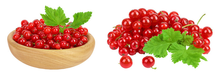 Red currant berries in a wooden bowl isolated on white background