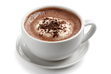 Hot chocolate with whipped cream in white cup.
Cup of hot chocolate topped with whipped cream and peppermint, isolated on light background. Cozy and festive.
