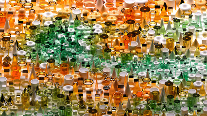 3d render of abstract art surreal 3d background based on geometric figures, particles as torus rings spheres balls cones cubes boxes cylinders in glass plastic and silver metal materials on white back