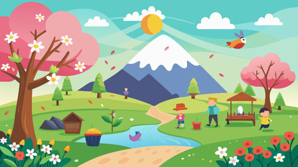 Fototapeta premium Vibrant spring landscape with blooming trees a snow capped mountain a winding river and people enjoying outdoor activities