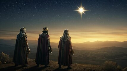 Three Kings Journey: A Celestial Beacon Guides the Wise Men Across a Desert Landscape - Powered by Adobe