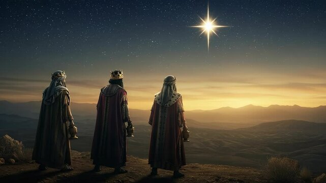 Three Kings Journey: A Celestial Beacon Guides the Wise Men Across a Desert Landscape