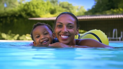 Portrait of a happy mother with her son having fun in pool. Mom and boy swims in the pool after going down the water slide in summer