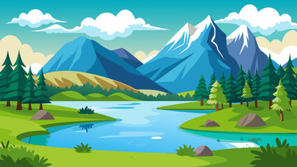 Vibrant cartoon landscape featuring snow capped mountains a clear blue lake lush green hills and pine trees under a cloudy sky