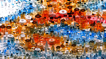 3d render of abstract art surreal 3d background based on geometric figures, particles as torus rings spheres balls cones cubes boxes cylinders in glass plastic and silver metal materials on white back