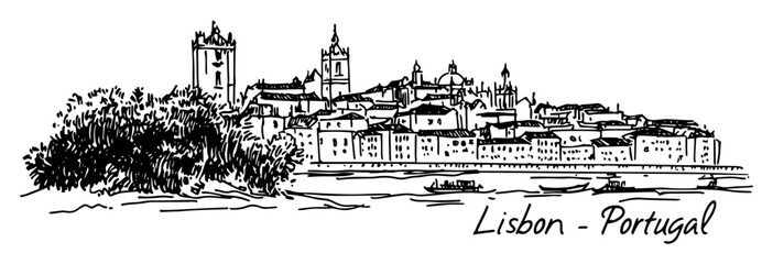 Obraz premium lisbon riverside skyline view vector sketch