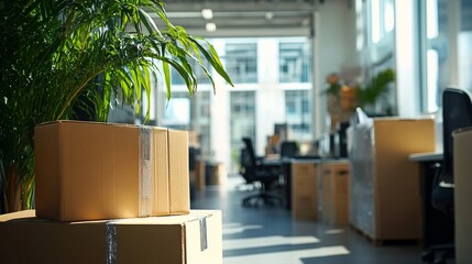 A bright and spacious office environment showcasing stacked cardboard boxes and lush greenery, reflecting a productive workspace ideal for businesses seeking organization.