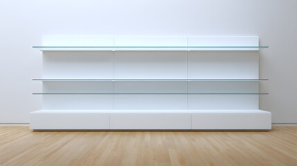 Fototapeta premium Minimal empty white retail shelves, isolated on white background. Ideal for product mockups, store interiors, or design templates.