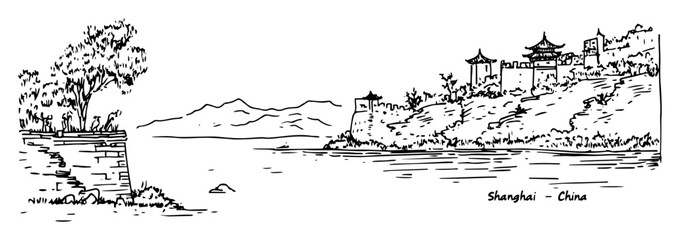 shanghai river and historic architecture vector drawing