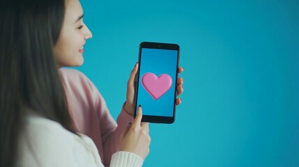 A young woman happily shows a smartphone with a pink heart icon on the screen, symbolizing love and connection in a modern digital age.
