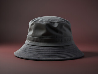 Black leather bucket hat isolated against a dark reddish-brown background with subtle lighting.