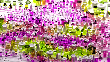 3d render of abstract art surreal 3d background based on geometric figures, particles as torus rings spheres balls cones cubes boxes cylinders in glass plastic and silver metal materials on white back