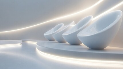 Minimalist design featuring sleek, modern white seating elements illuminated by soft, ambient lighting, creating a serene atmosphere in a contemporary setting.