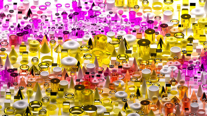 3d render of abstract art surreal 3d background based on geometric figures, particles as torus rings spheres balls cones cubes boxes cylinders in glass plastic and silver metal materials on white back