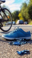 A close-up shot of a stylish blue sneaker resting on a gravel road, with fragments of shiny foil scattered nearby and a bicycle partially visible in the background.