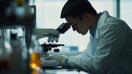 Scientist examining samples under a microscope in a laboratory setting, showcasing dedication to research and development in modern science, innovation, and technology.