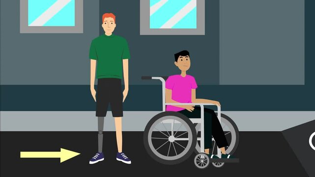 Animation of a wheelchair user and a man with a prosthesis mechanical leg, art, person.