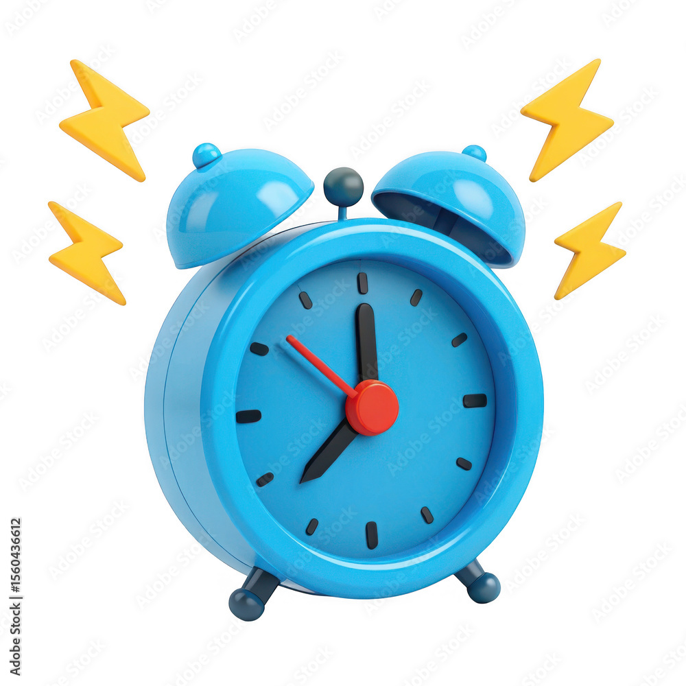 Poster 3d render of a blue alarm clock with lightning bolts isolated on transparent background