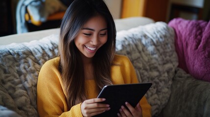 A young woman relaxes on a cozy couch, engaging with her tablet, exuding warmth and happiness in a comfortable living space illuminated by soft light.