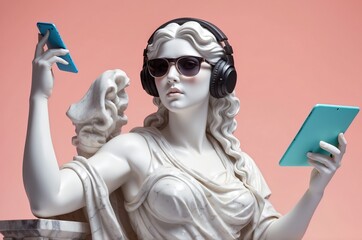 Marble statue dressed in modern accessories listens to music with digital devices in a contemporary setting