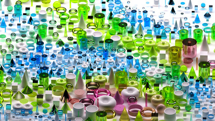 3d render of abstract art surreal 3d background based on geometric figures, particles as torus rings spheres balls cones cubes boxes cylinders in glass plastic and silver metal materials on white back