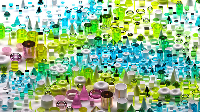 3d render of abstract art surreal 3d background based on geometric figures, particles as torus rings spheres balls cones cubes boxes cylinders in glass plastic and silver metal materials on white back
