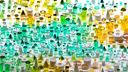 3d render of abstract art surreal 3d background based on geometric figures, particles as torus rings spheres balls cones cubes boxes cylinders in glass plastic and silver metal materials on white back