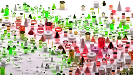 3d render of abstract art surreal 3d background based on geometric figures, particles as torus rings spheres balls cones cubes boxes cylinders in glass plastic and silver metal materials on white back