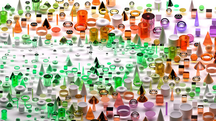 3d render of abstract art surreal 3d background based on geometric figures, particles as torus rings spheres balls cones cubes boxes cylinders in glass plastic and silver metal materials on white back