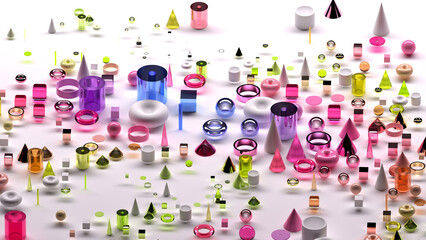 3d render of abstract art surreal 3d background based on geometric figures, particles as torus rings spheres balls cones cubes boxes cylinders in glass plastic and silver metal materials on white back