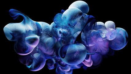 3d render of abstract art of surreal smoke cloud fog structure with small balls particles in wavy curved spherical bubbles forms in blue white and purple mix gradient color on black