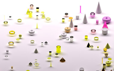 3d render of abstract art surreal 3d background based on geometric figures, particles as torus rings spheres balls cones cubes boxes cylinders in glass plastic and silver metal materials on white back