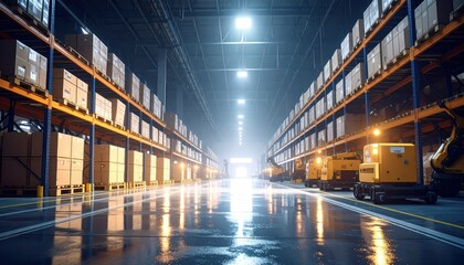 Obraz premium Vast Post-Apocalyptic Warehouse with Robots Under Leaking Rain