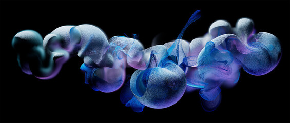 3d render of abstract art of surreal smoke cloud fog structure with small balls particles in wavy curved spherical bubbles forms in blue white and purple mix gradient color on black