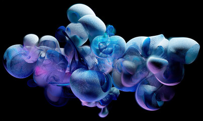 3d render of abstract art of surreal smoke cloud fog structure with small balls particles in wavy curved spherical bubbles forms in blue white and purple mix gradient color on black