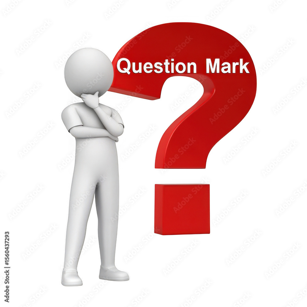 Poster 3d figure pondering a red question mark isolated on transparent background